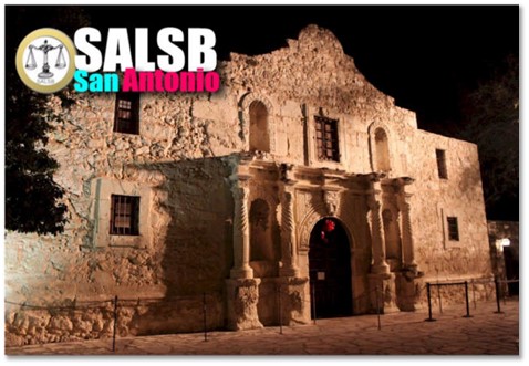Image of the Alamo with the words S A L S B San Antonio
