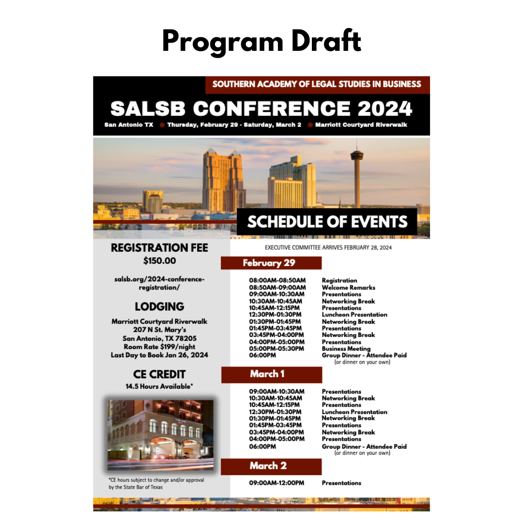 Image of a draft of a conference program that includes the title of the conference, the San Antonio skyline, dates and times for each day of the conference, and general conference information